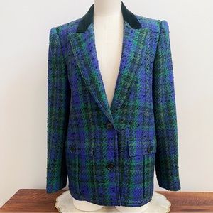 Vintage Valentino Blue Green Wool Velvet Plaid Jacket Sz 44 US M